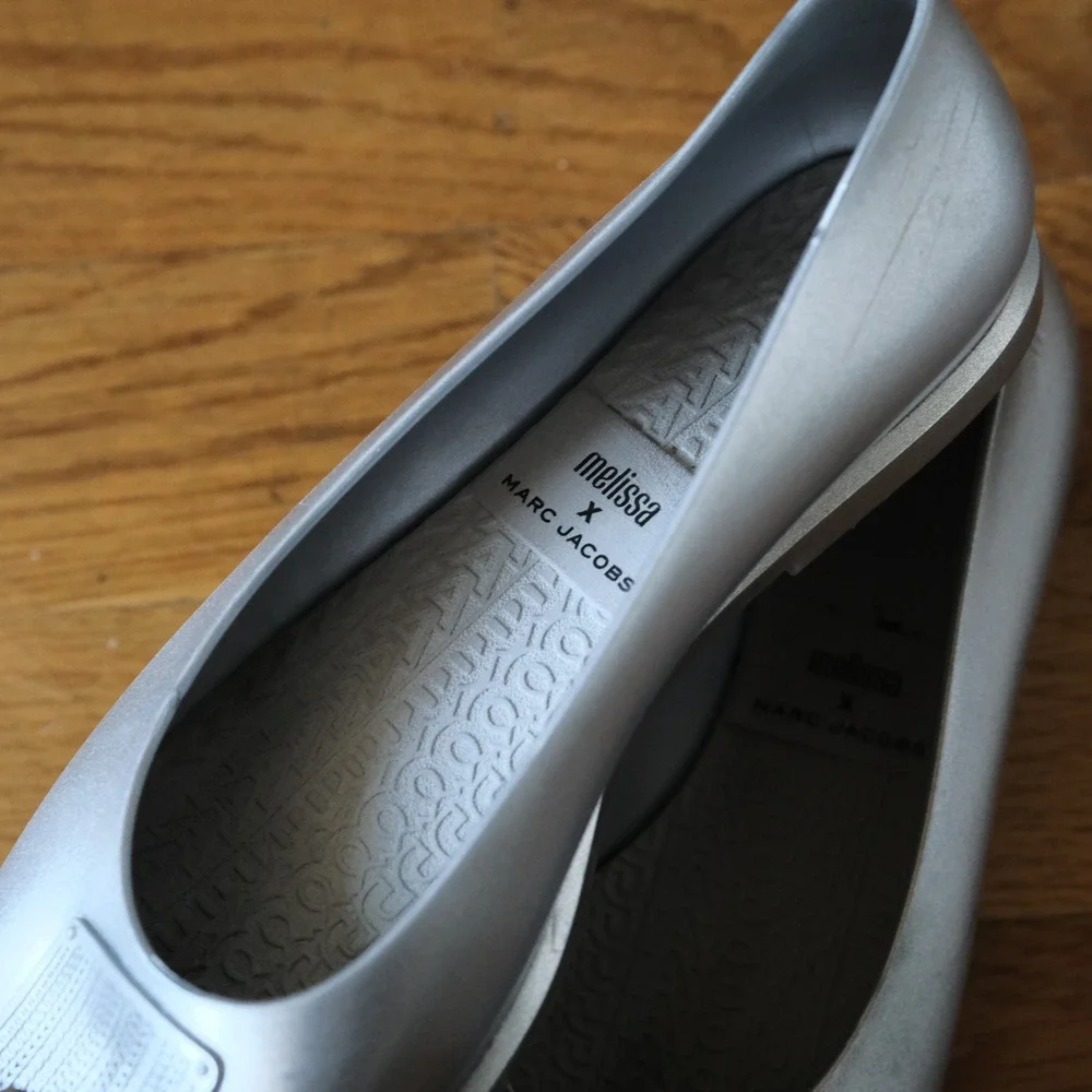 Marc Jacobs Melissa Ruby Ballerina Flats Silver Square Toe Melflex Shoes Size 9